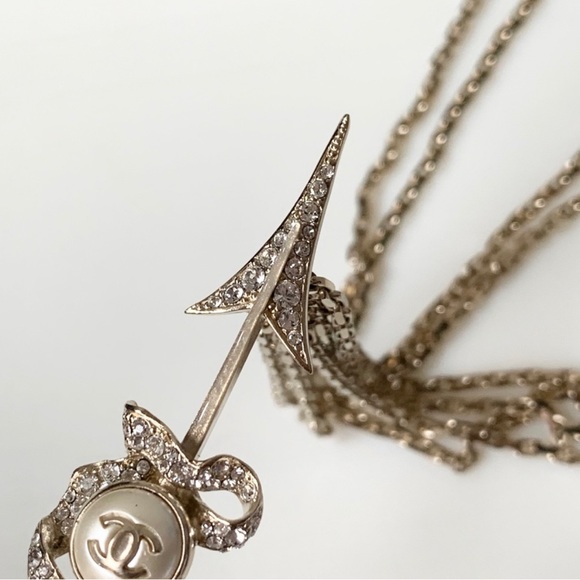 CHANEL Crystal Pearl Multi Strand Chain CC Arrow Necklace Gold - Picture 12 of 16